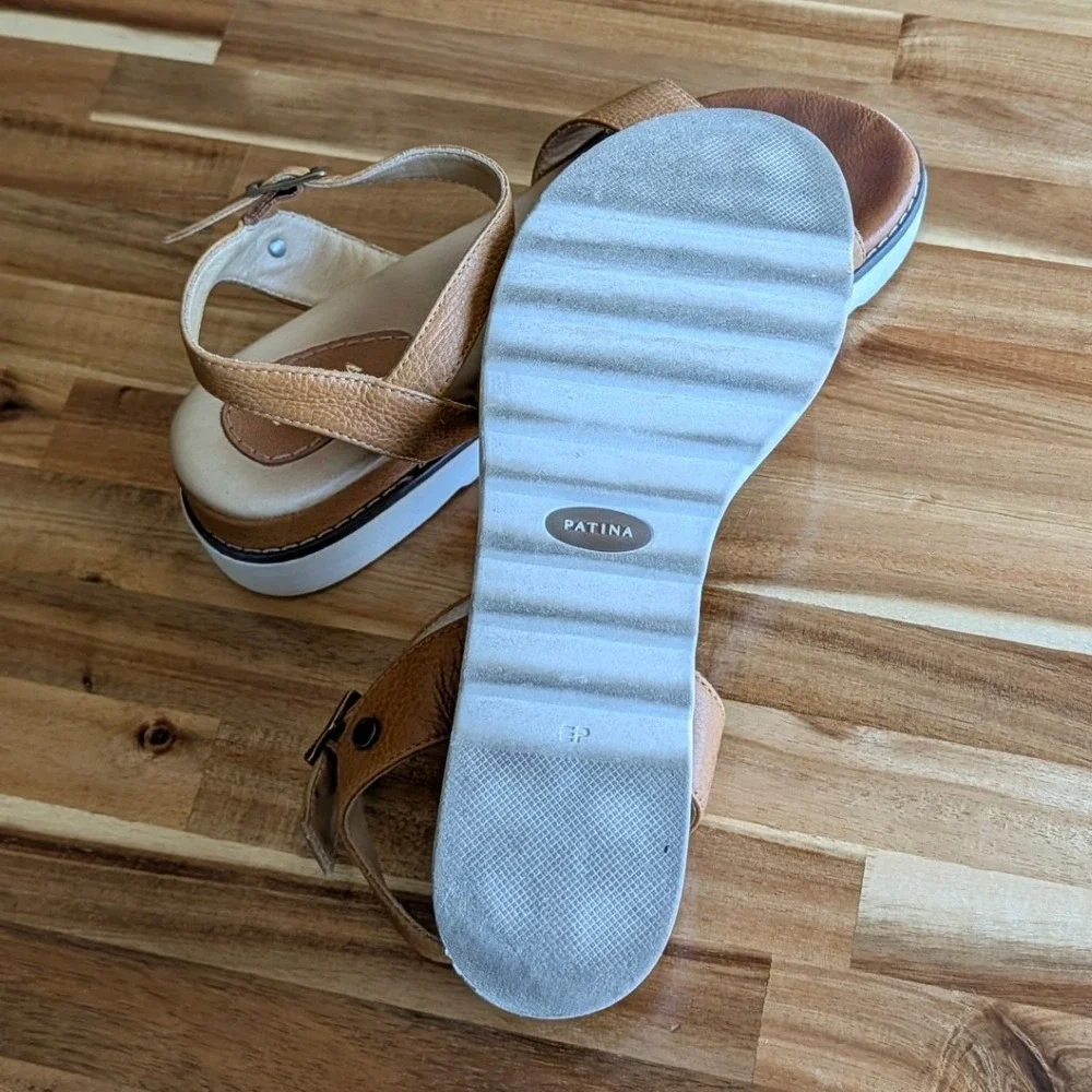 Patina Tan Pebbled Leather Platform Wedge Sandals Ankle Strap Womens 9.5